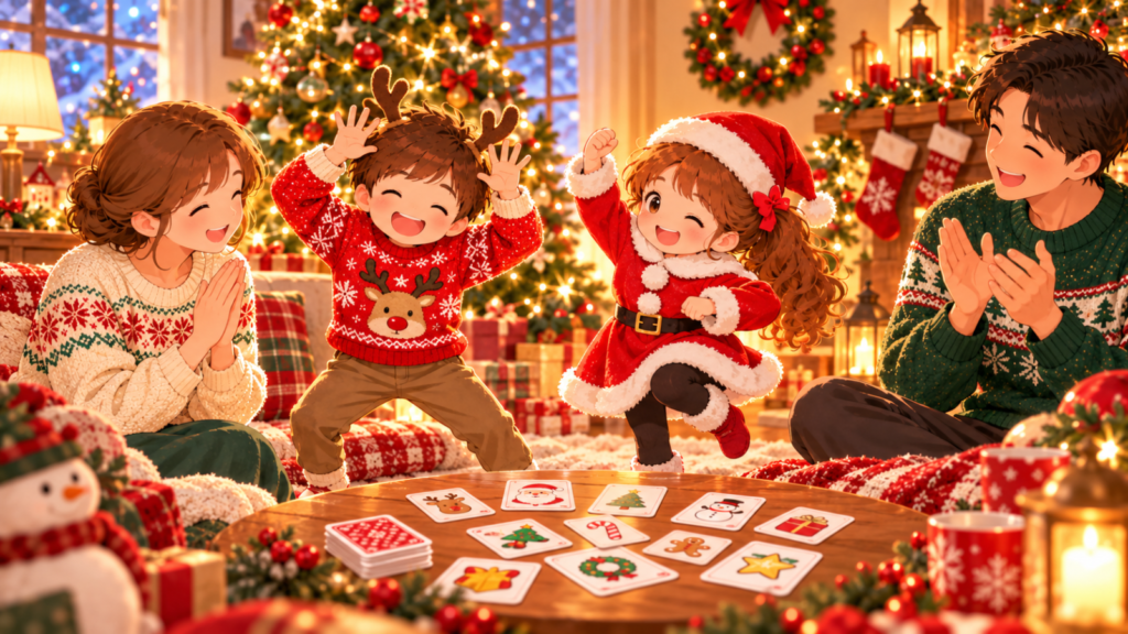 クリスマスのリビングで、子どもたちがトナカイやサンタのまねをしながらミッションカードゲームを楽しみ、家族みんなが笑っているイラスト