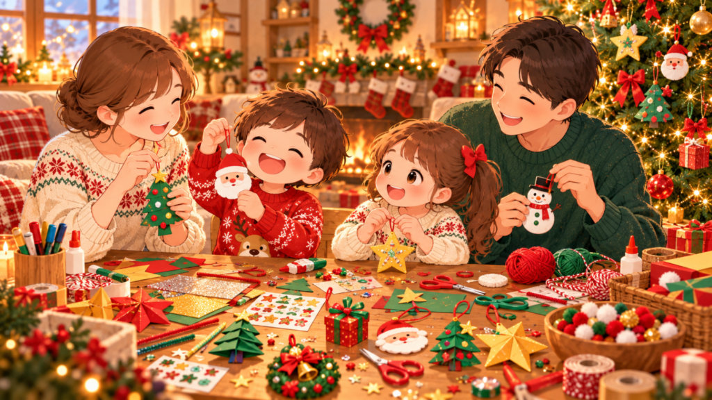 クリスマスツリーのある部屋で、親子が折り紙や画用紙を使ってクリスマスオーナメントを楽しく作っているイラスト