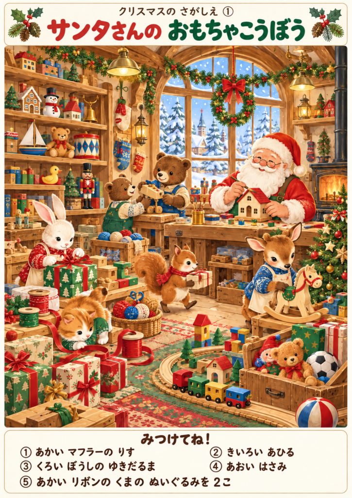 サンタさんとどうぶつたちがプレゼントを準備するおもちゃ工房のクリスマスさがしえ。下部に5問の問題リスト付き。
