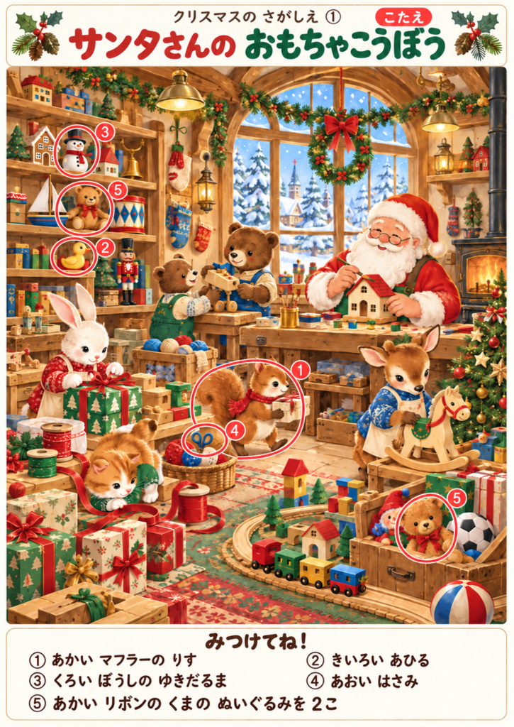 クリスマスのさがしえ「サンタさんのおもちゃ工房」の答え画像。5問の対象物、合計6か所を赤い丸と番号で示しています。