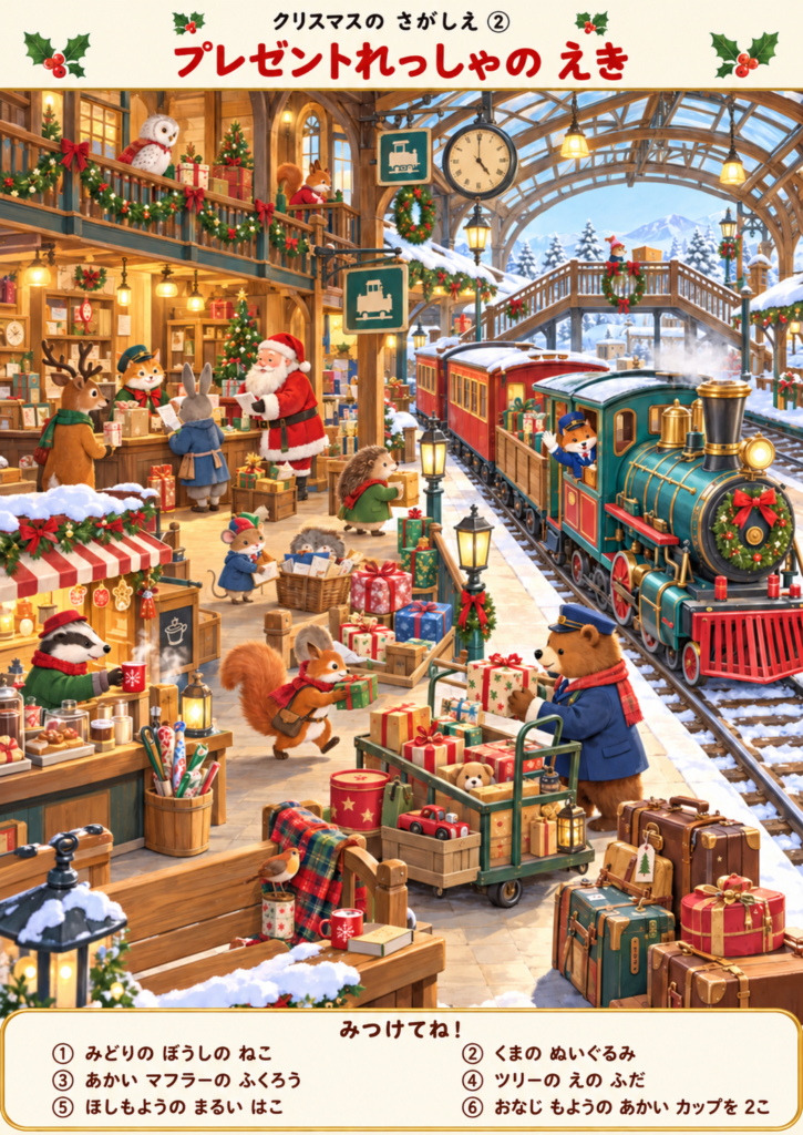 サンタさんとどうぶつたちがプレゼントを運ぶ、クリスマスの駅のさがしえ。列車や荷物が描かれ、下部に6問の問題リスト付き。