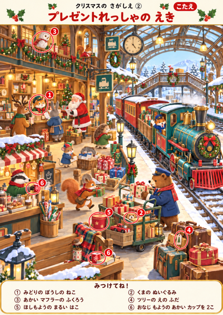 クリスマスのさがしえ「プレゼント列車の駅」の答え画像。6問の対象物、合計7か所を赤い丸と番号で示しています。