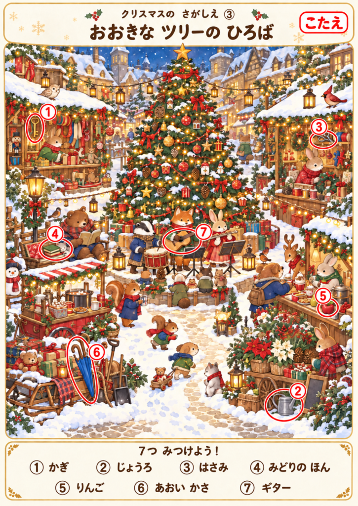 クリスマスのさがしえ「大きなツリーの広場」の答え画像。7つの探すものの位置を赤い丸と番号で示しています。