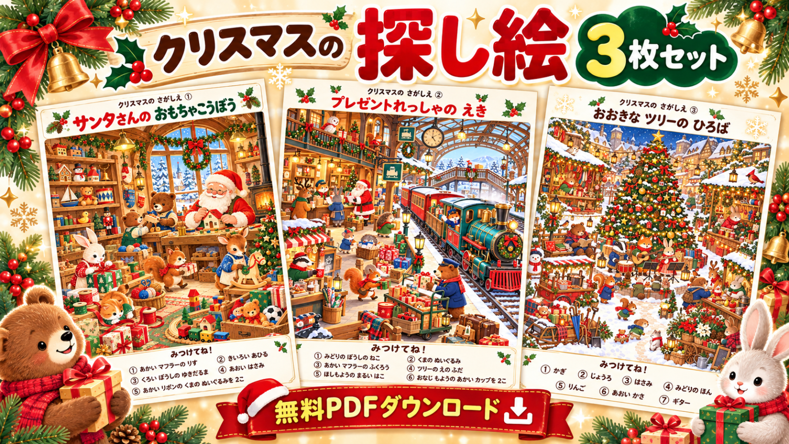 クリスマスの探し絵3枚セットのアイキャッチ画像。サンタさんのおもちゃ工房、プレゼント列車の駅、大きなツリーの広場を紹介。無料PDFでダウンロードして印刷できる子ども向け探し絵プリント。