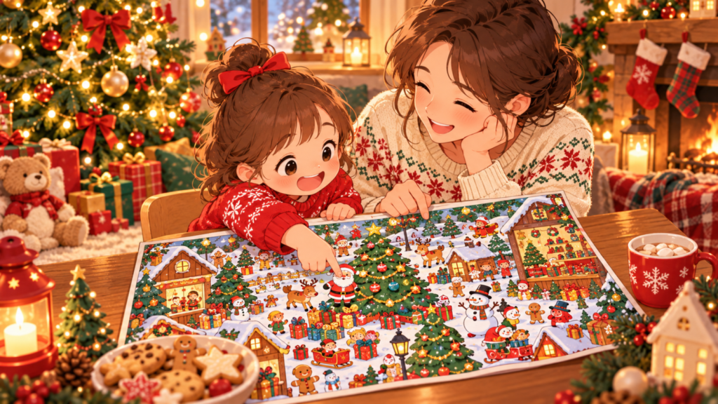 クリスマスツリーのある部屋で、親子がクリスマスのさがしえイラストを指さしながら楽しんでいる様子