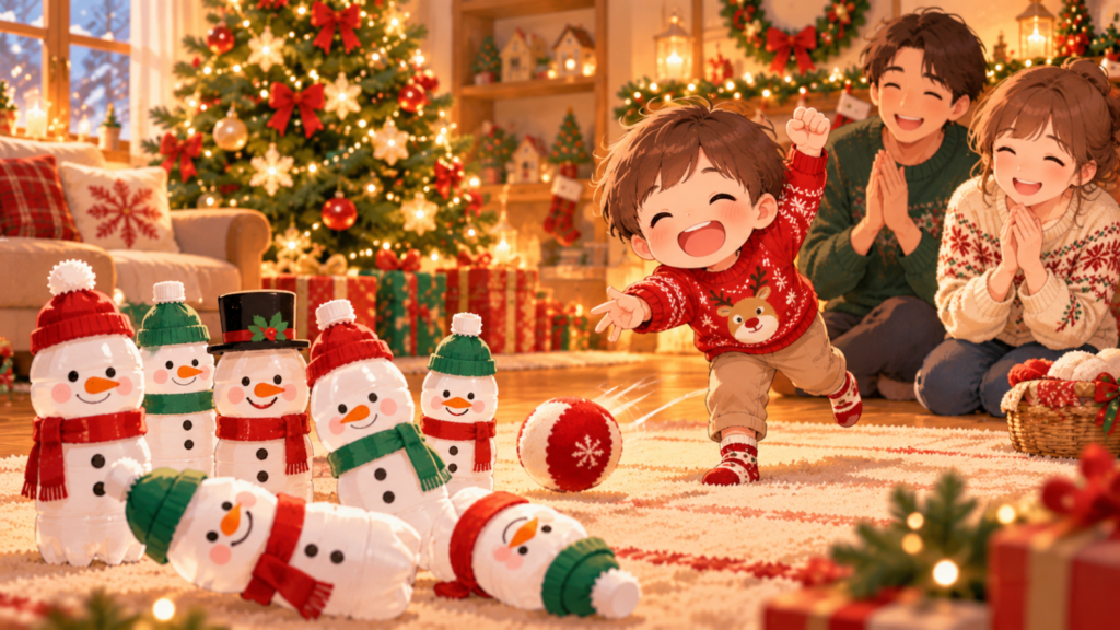 クリスマスツリーのある部屋で、雪だるま風に飾ったペットボトルに向かって子どもがボールを転がし、家族が笑顔で見守っているイラスト