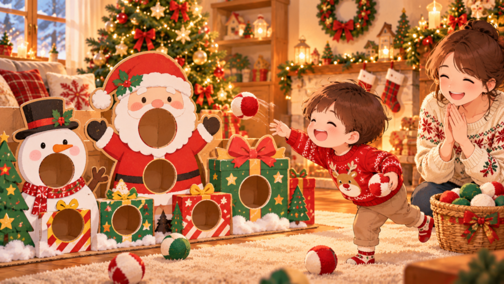 クリスマスの飾りつけをした部屋で、子どもがサンタや雪だるま、プレゼントの手作り的に向かって柔らかいボールを投げて遊んでいるイラスト