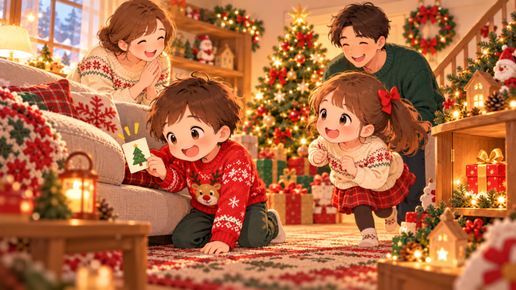 クリスマスの飾りつけをした部屋で、子どもたちがヒントカードを見つけながら宝探しを楽しみ、家族が笑顔で見守っているイラスト