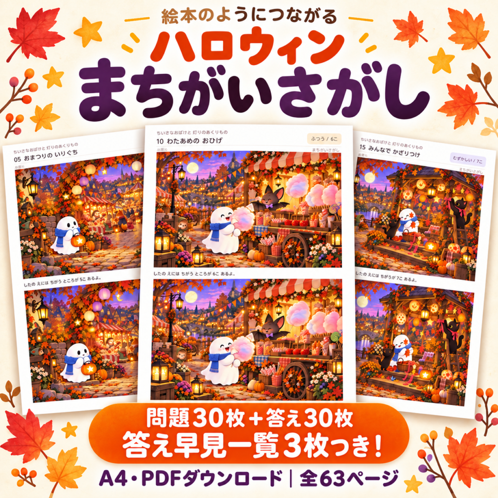 ハロウィンの物語を楽しめる間違い探し30枚セット。かわいいおばけや秋のお祭りのイラストを紹介。問題30枚・答え30枚・答え早見一覧3枚付き、A4サイズの全63ページPDF。