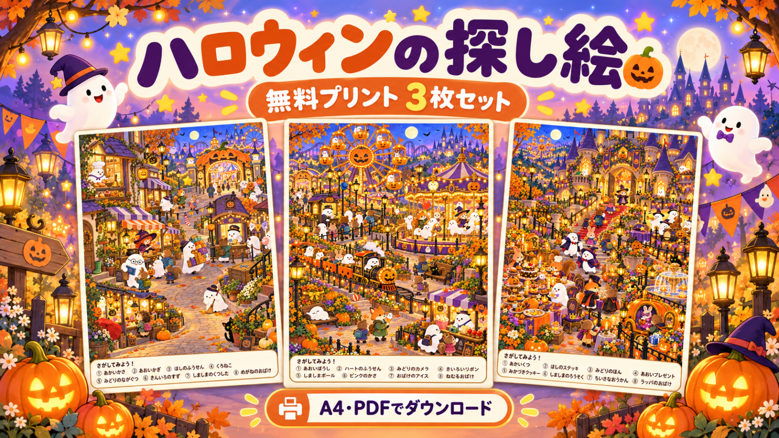 おばけ商店街、かぼちゃ観覧車、魔女のお城の探し絵3枚を並べた紹介画像。「無料プリント3枚セット」「A4・PDFでダウンロード」と案内している。