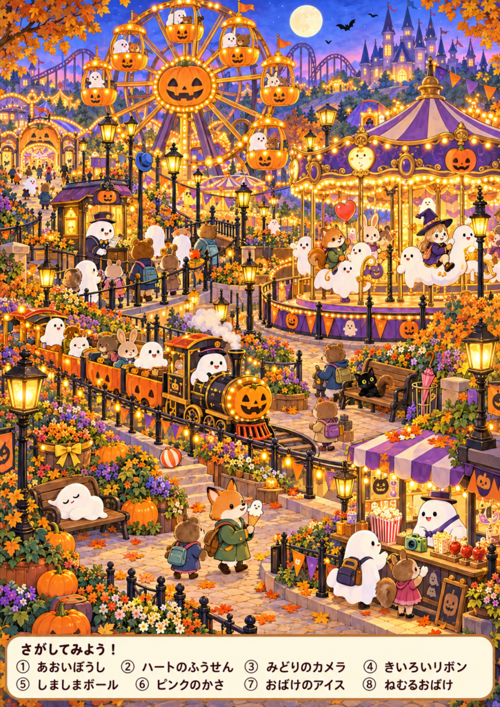 かぼちゃの観覧車やメリーゴーランド、汽車があるハロウィンの遊園地を描いた探し絵。かわいいおばけや動物たちが登場し、下部に8つの探し物リスト付き。