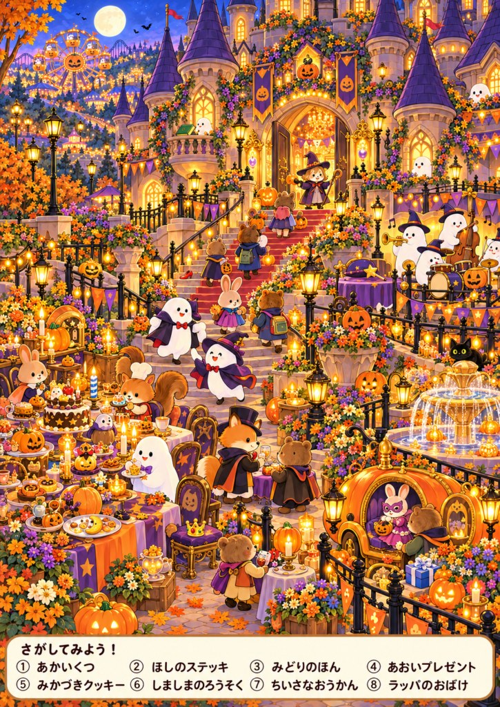 魔女のお城で、かわいいおばけや動物たちが仮装パーティーを楽しむハロウィン探し絵。下部に8つの探し物リスト付き。