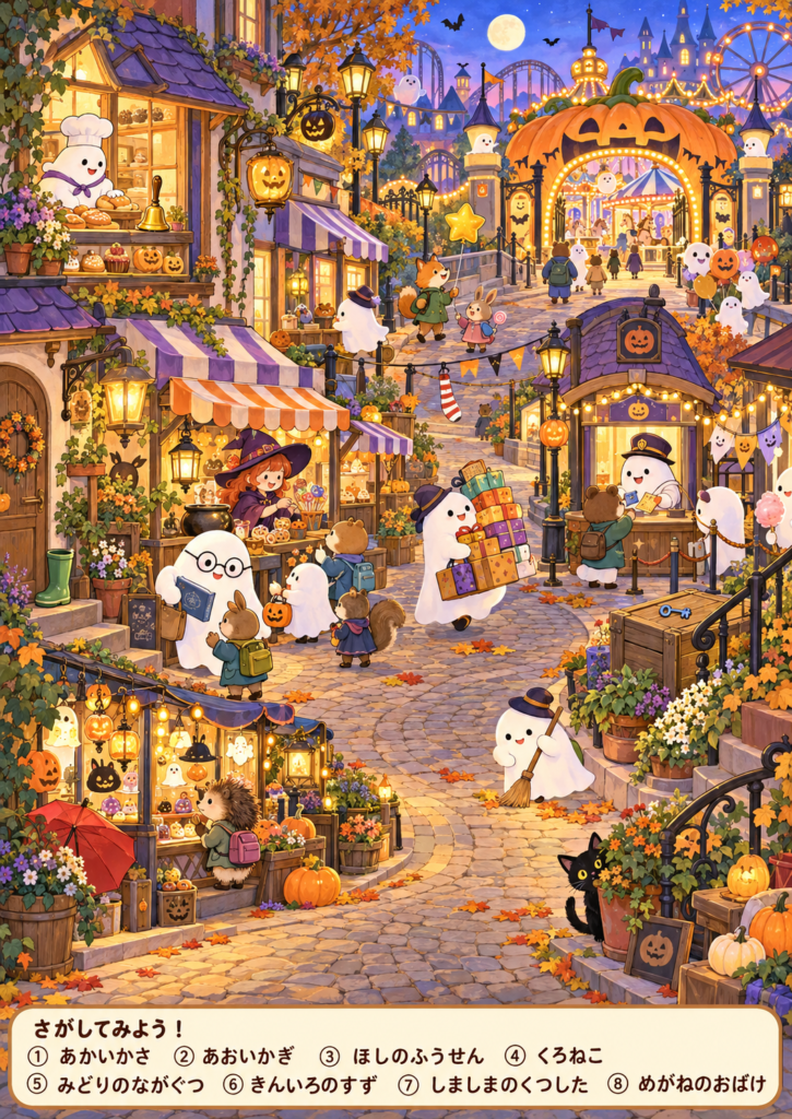 かぼちゃのゲートがある遊園地と、かわいいおばけや動物でにぎわう商店街のハロウィン探し絵。下部に8つの探し物リスト付き。
