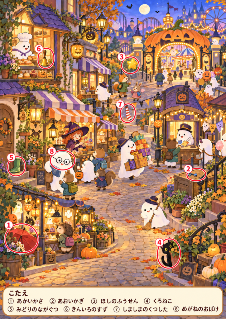 おばけ商店街と遊園地の入口を描いたハロウィン探し絵の答え。8つの探し物の位置を、番号付きの赤丸で示しています。