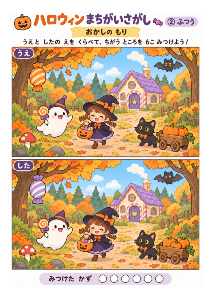 魔女やおばけ、お菓子の家がある森を描いた、間違い6個のハロウィン間違い探し