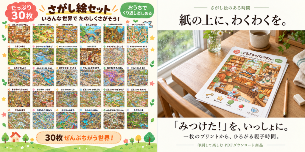 さがし絵30枚セットの紹介画像。30種類のカラフルな探し絵一覧と、印刷したプリントを自宅で楽しむイメージを掲載。